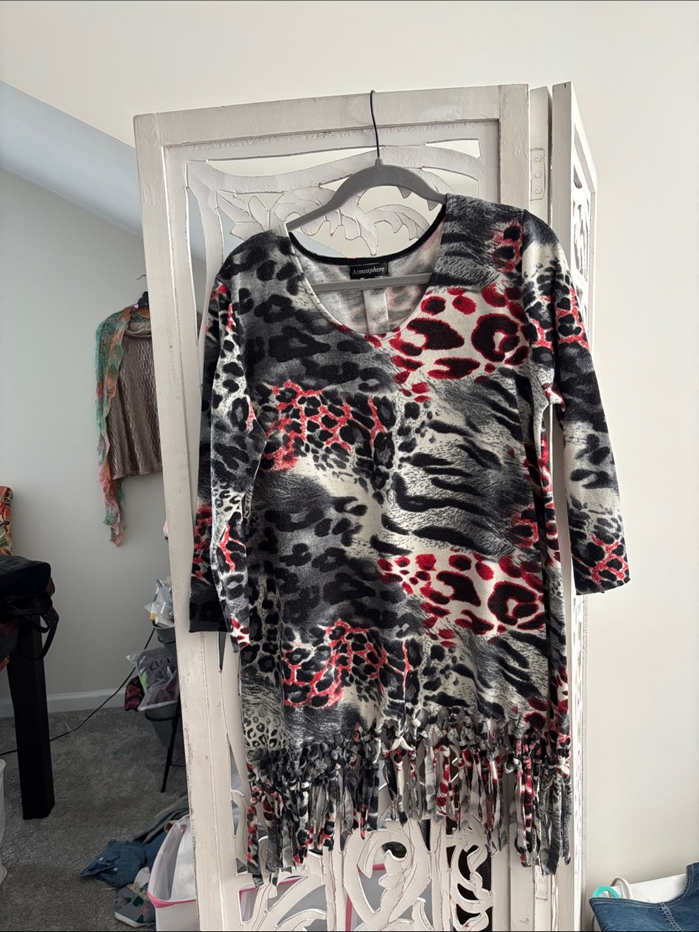 Animal Print Fringe V-Neck Tunic/ Dress - Black, White & Red